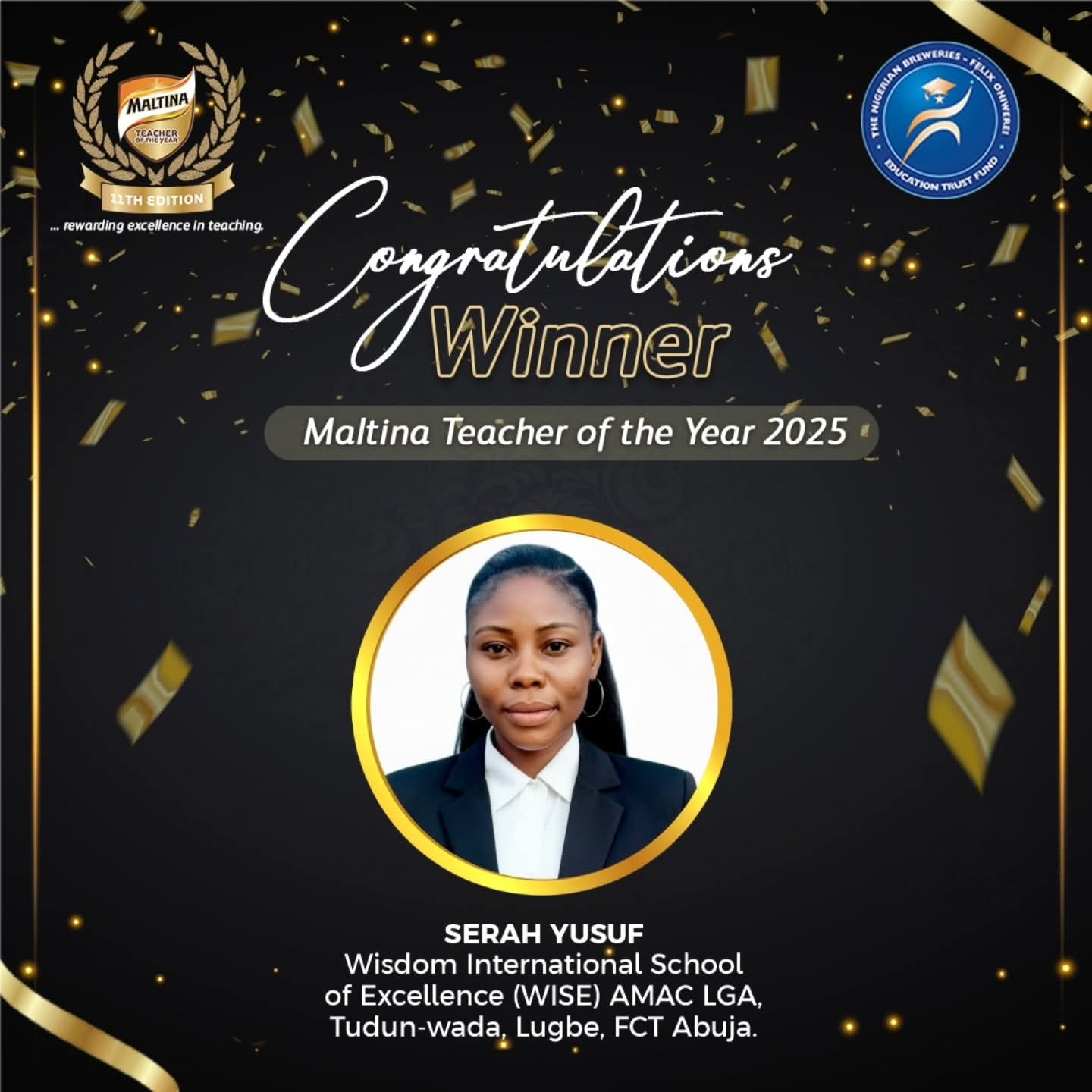 WISE Teacher, Sarah Yusuf, Bags ‘Maltina Best Teacher’ Award